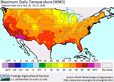 United States Maximum Daily Temperature (WMO) Thematic Map For 9/28/2020 - 10/4/2020