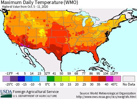 United States Extreme Maximum Temperature (WMO) Thematic Map For 10/5/2020 - 10/11/2020