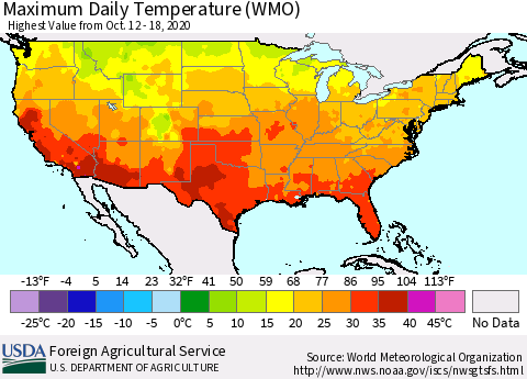 United States Maximum Daily Temperature (WMO) Thematic Map For 10/12/2020 - 10/18/2020
