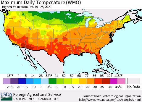 United States Maximum Daily Temperature (WMO) Thematic Map For 10/19/2020 - 10/25/2020