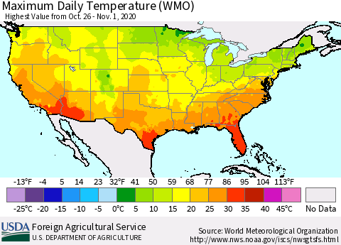 United States Maximum Daily Temperature (WMO) Thematic Map For 10/26/2020 - 11/1/2020