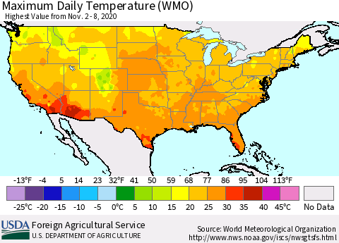 United States Extreme Maximum Temperature (WMO) Thematic Map For 11/2/2020 - 11/8/2020