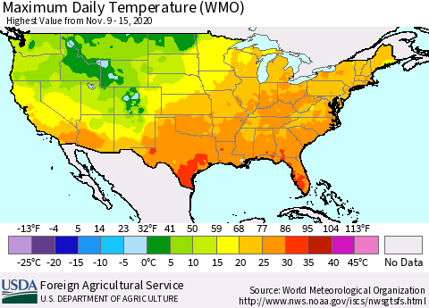 United States Maximum Daily Temperature (WMO) Thematic Map For 11/9/2020 - 11/15/2020