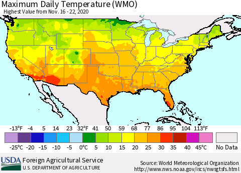 United States Extreme Maximum Temperature (WMO) Thematic Map For 11/16/2020 - 11/22/2020