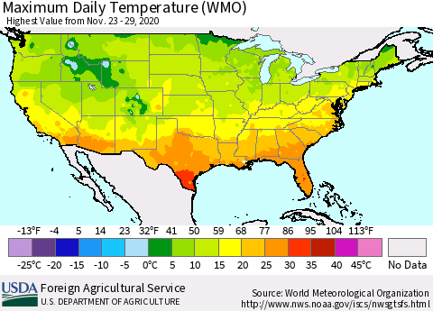 United States Maximum Daily Temperature (WMO) Thematic Map For 11/23/2020 - 11/29/2020