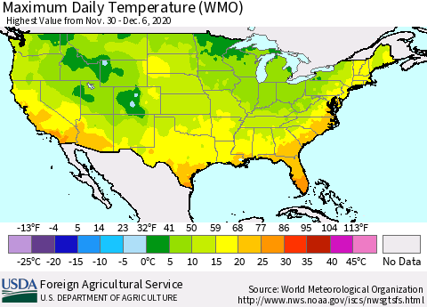 United States Maximum Daily Temperature (WMO) Thematic Map For 11/30/2020 - 12/6/2020