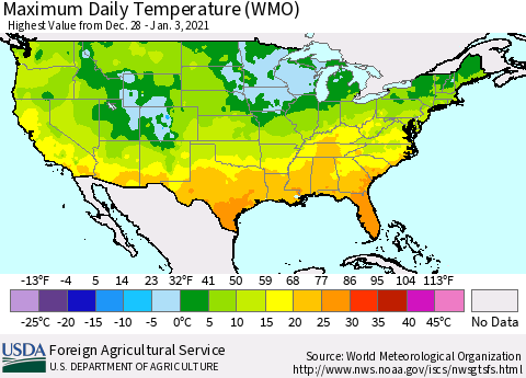 United States Maximum Daily Temperature (WMO) Thematic Map For 12/28/2020 - 1/3/2021