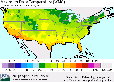United States Maximum Daily Temperature (WMO) Thematic Map For 1/11/2021 - 1/17/2021