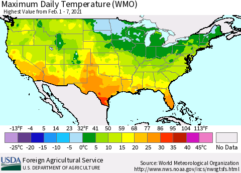 United States Extreme Maximum Temperature (WMO) Thematic Map For 2/1/2021 - 2/7/2021