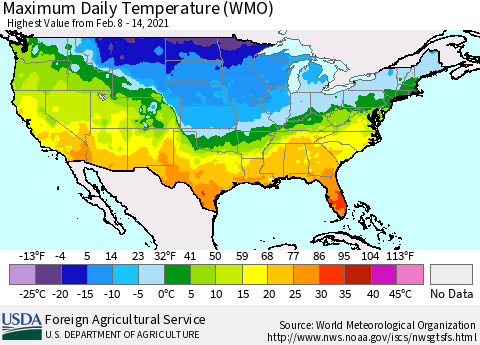 United States Extreme Maximum Temperature (WMO) Thematic Map For 2/8/2021 - 2/14/2021
