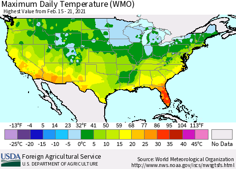 United States Maximum Daily Temperature (WMO) Thematic Map For 2/15/2021 - 2/21/2021