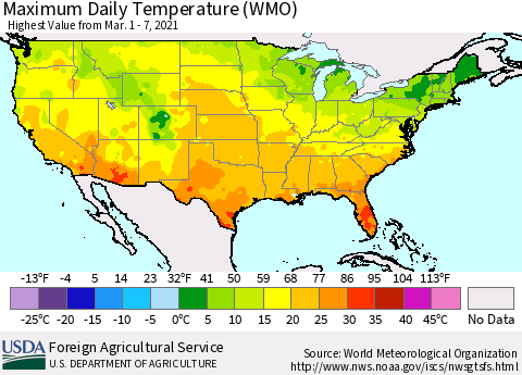 United States Maximum Daily Temperature (WMO) Thematic Map For 3/1/2021 - 3/7/2021