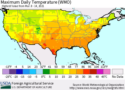 United States Maximum Daily Temperature (WMO) Thematic Map For 3/8/2021 - 3/14/2021