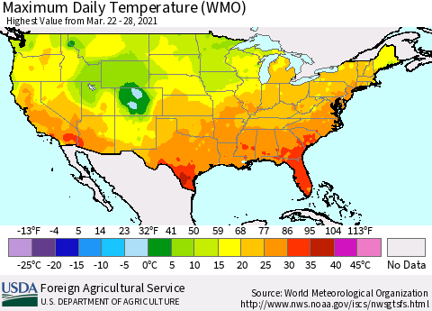 United States Extreme Maximum Temperature (WMO) Thematic Map For 3/22/2021 - 3/28/2021