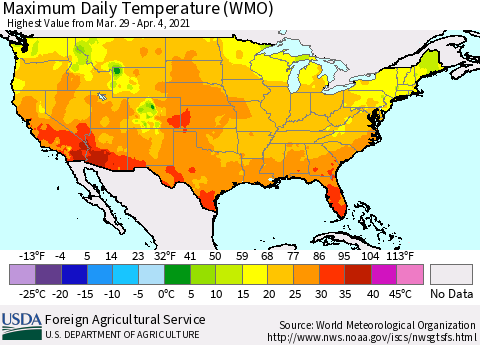 United States Extreme Maximum Temperature (WMO) Thematic Map For 3/29/2021 - 4/4/2021