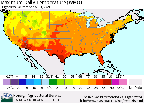 United States Maximum Daily Temperature (WMO) Thematic Map For 4/5/2021 - 4/11/2021