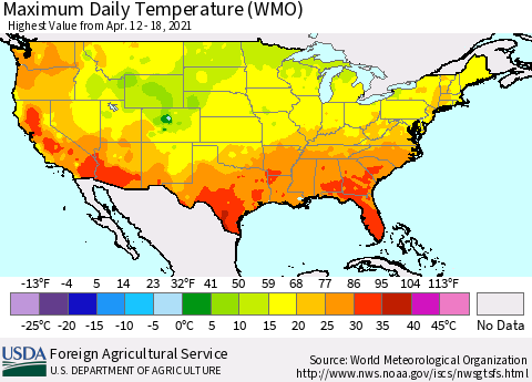 United States Maximum Daily Temperature (WMO) Thematic Map For 4/12/2021 - 4/18/2021