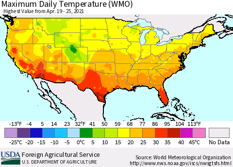 United States Maximum Daily Temperature (WMO) Thematic Map For 4/19/2021 - 4/25/2021