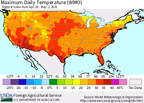 United States Extreme Maximum Temperature (WMO) Thematic Map For 4/26/2021 - 5/2/2021