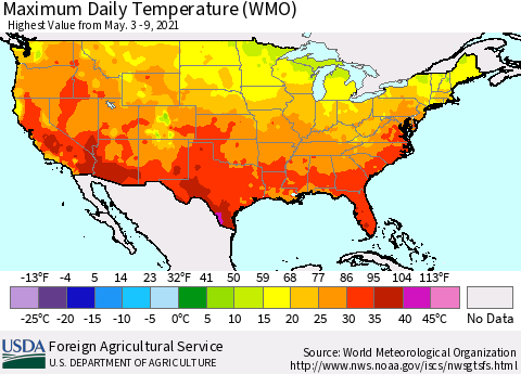 United States Maximum Daily Temperature (WMO) Thematic Map For 5/3/2021 - 5/9/2021