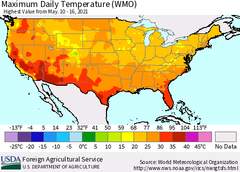 United States Maximum Daily Temperature (WMO) Thematic Map For 5/10/2021 - 5/16/2021