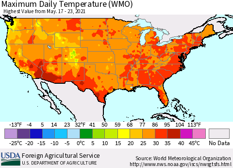 United States Maximum Daily Temperature (WMO) Thematic Map For 5/17/2021 - 5/23/2021