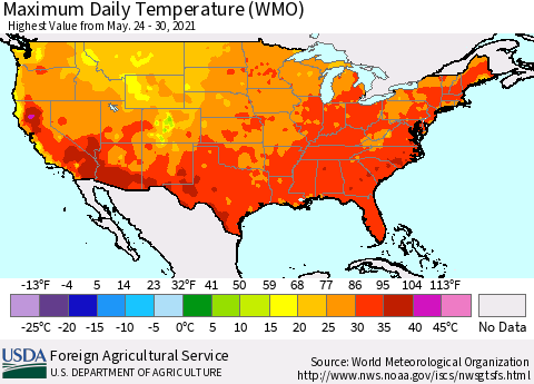 United States Maximum Daily Temperature (WMO) Thematic Map For 5/24/2021 - 5/30/2021