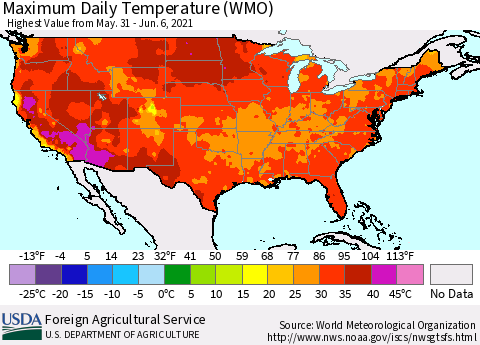 United States Maximum Daily Temperature (WMO) Thematic Map For 5/31/2021 - 6/6/2021