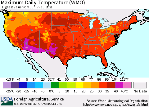 United States Maximum Daily Temperature (WMO) Thematic Map For 6/7/2021 - 6/13/2021