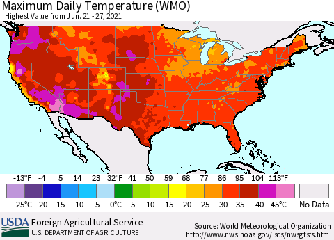 United States Maximum Daily Temperature (WMO) Thematic Map For 6/21/2021 - 6/27/2021