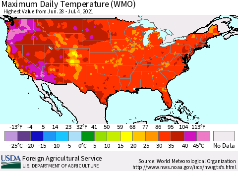 United States Maximum Daily Temperature (WMO) Thematic Map For 6/28/2021 - 7/4/2021