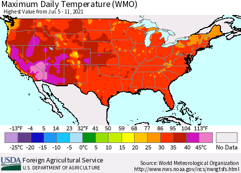 United States Maximum Daily Temperature (WMO) Thematic Map For 7/5/2021 - 7/11/2021