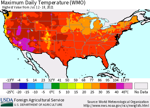 United States Maximum Daily Temperature (WMO) Thematic Map For 7/12/2021 - 7/18/2021