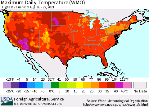 United States Maximum Daily Temperature (WMO) Thematic Map For 8/16/2021 - 8/22/2021