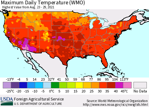 United States Maximum Daily Temperature (WMO) Thematic Map For 8/23/2021 - 8/29/2021