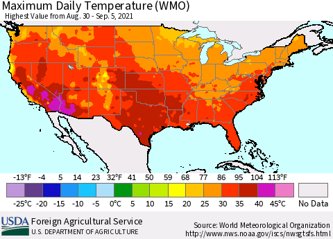 United States Maximum Daily Temperature (WMO) Thematic Map For 8/30/2021 - 9/5/2021