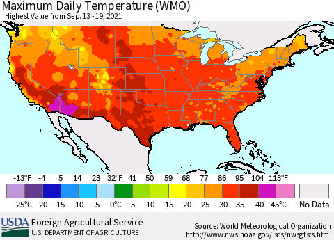 United States Maximum Daily Temperature (WMO) Thematic Map For 9/13/2021 - 9/19/2021