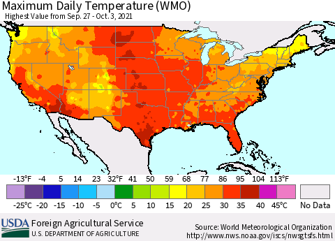 United States Maximum Daily Temperature (WMO) Thematic Map For 9/27/2021 - 10/3/2021
