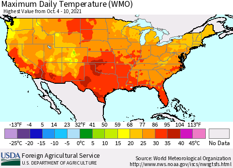 United States Maximum Daily Temperature (WMO) Thematic Map For 10/4/2021 - 10/10/2021