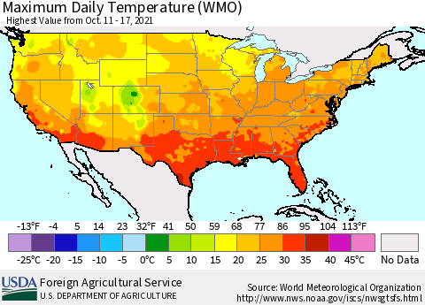 United States Maximum Daily Temperature (WMO) Thematic Map For 10/11/2021 - 10/17/2021