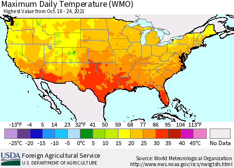 United States Maximum Daily Temperature (WMO) Thematic Map For 10/18/2021 - 10/24/2021