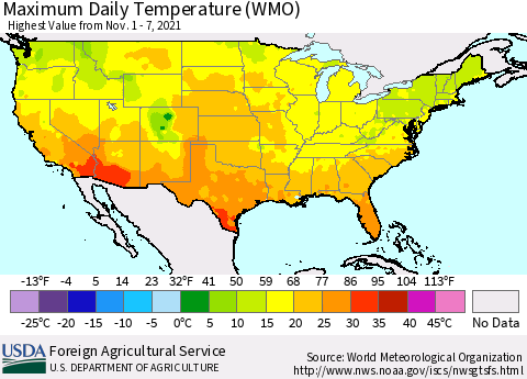 United States Maximum Daily Temperature (WMO) Thematic Map For 11/1/2021 - 11/7/2021