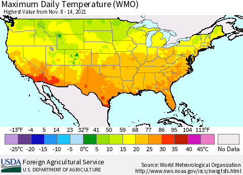 United States Maximum Daily Temperature (WMO) Thematic Map For 11/8/2021 - 11/14/2021