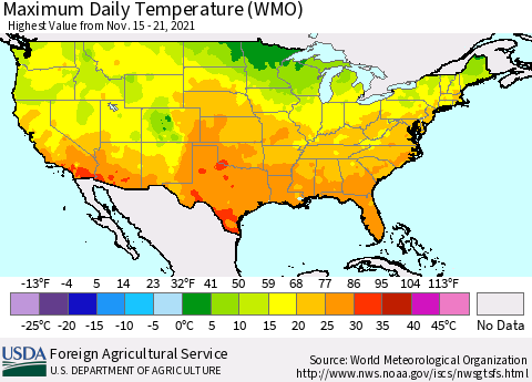 United States Maximum Daily Temperature (WMO) Thematic Map For 11/15/2021 - 11/21/2021