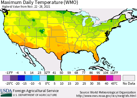 United States Maximum Daily Temperature (WMO) Thematic Map For 11/22/2021 - 11/28/2021