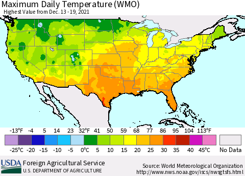 United States Maximum Daily Temperature (WMO) Thematic Map For 12/13/2021 - 12/19/2021