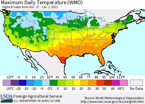 United States Maximum Daily Temperature (WMO) Thematic Map For 12/27/2021 - 1/2/2022