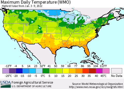 United States Maximum Daily Temperature (WMO) Thematic Map For 1/3/2022 - 1/9/2022