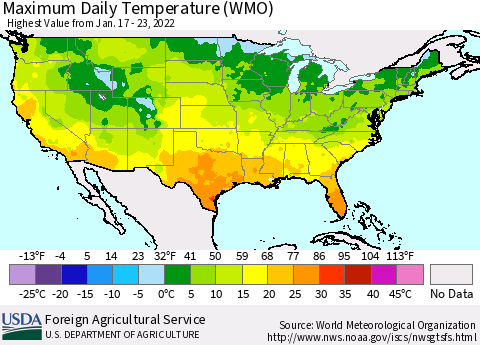 United States Maximum Daily Temperature (WMO) Thematic Map For 1/17/2022 - 1/23/2022