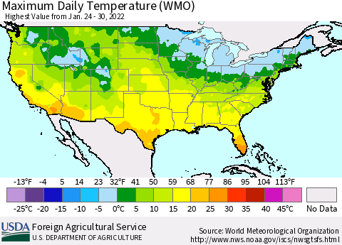 United States Maximum Daily Temperature (WMO) Thematic Map For 1/24/2022 - 1/30/2022